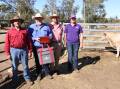Values topped at $7500 for a Charolais bull at the annual Liberty Charolais and Shorthorn yearling bull sale at Toodyay last week. With the top-priced bull Liberty Unforgetabull U78 (PP) (by Palgrove Poundmaker P2046) were buyer Henry Sommer (left), Rhoman Brahmans, Walkaway, top-priced bull buyer sponsor Jason McKie, Zoetis WA, Elders, Gingin agent Geoff Shipp and Jess Yost, Liberty and Culham studs, Toodyay.